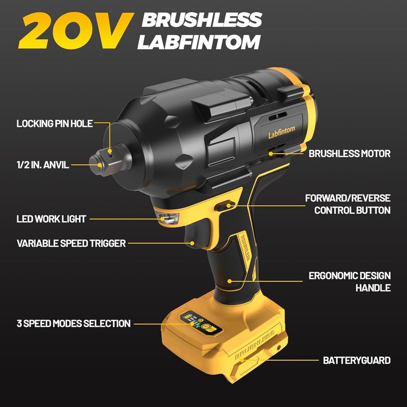 Labfintom Cordless Impact Wrench for De-Walt 20V Battery, 1/2" High Torque Impact Gun, 900Ft-lbs(1200N.m) Brushless Power Impact Driver with 4-Mode Speed, LED Work Light (Battery NOT included) - Image 2